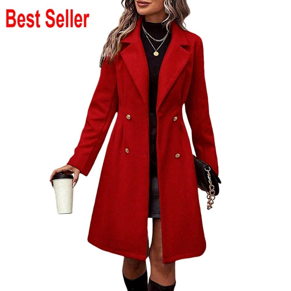 Double Breasted Wool Pea Coat Notched Lapel Classic Elegant Slim Fit Trench